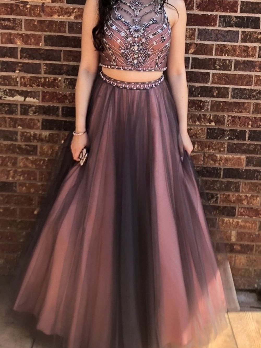 Embellished Two-Piece Mauve Prom Dress